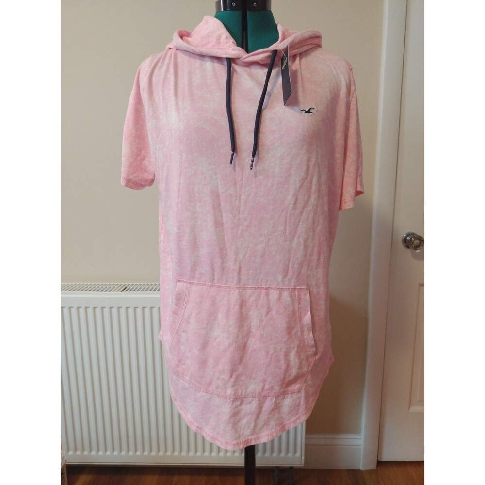 NWT Hollister Men's Pink Scolloped Curved Hem Hoodie T Tee Shirt Size Large